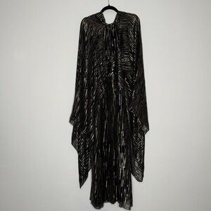 Peter Pilotto Gown Silk Metallic Caped Black Gold Silver Thread High Neck Size 6